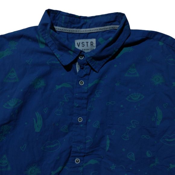 VSTR shirt mens 2XL XXL blue illuminati all over print button short sleeve - Picture 2 of 9